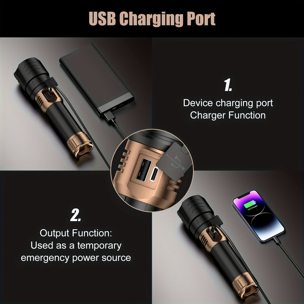 SKYFIRE LED Flashlight, High Lumen Super Bright Rechargeable, Adjustable Focus with Ignition Lens, Four Modes, Suitable for Camping Outdoor Farm Family Use