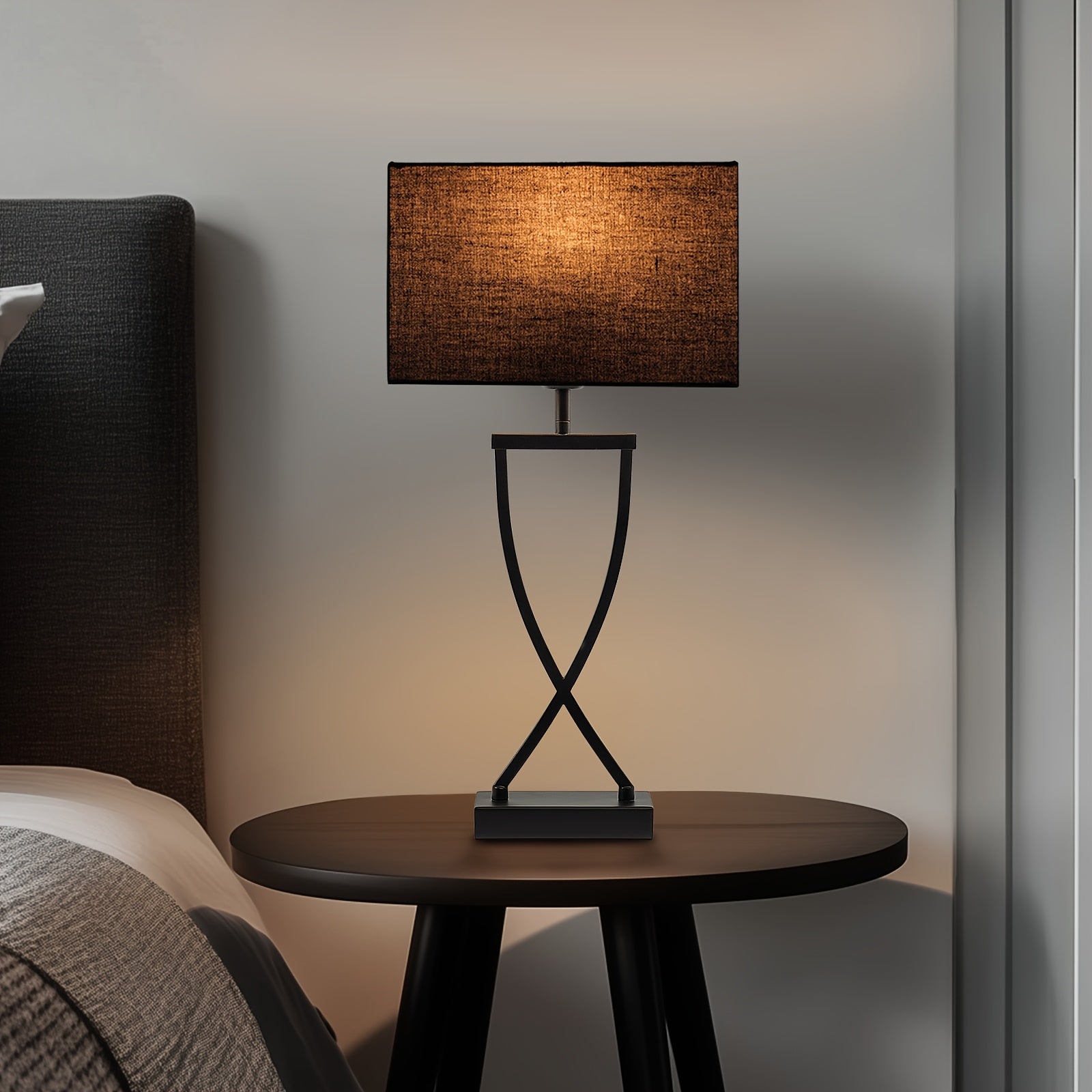 Set of 2 21'' Minimalist Table Lamps Featuring Black Rectangular Linen Shades And a Wrought Iron Geometric Base, Ideal for Providing a Moody And Cozy Accent Light. Equipped with E26 Sockets, These Contemporary Lamps Are Perfect for Decorating Bedroo