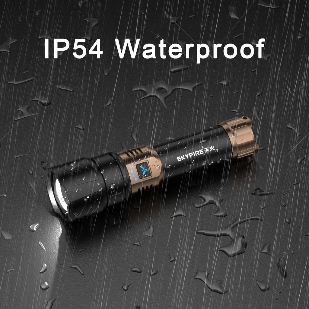 SKYFIRE LED Flashlight High Lumens, Super Bright Rechargeable Flashlight with Ignition Lens, Zoomable, Four Modes, Flash Light for Camping Essentials, Outdoor, Home