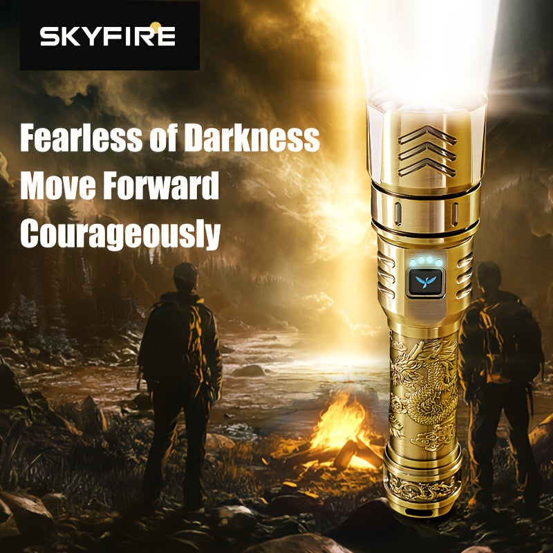SKYFIRE LED High-brightness Golden Dragon Pattern Flashlight, 5000mAh Rechargeable Flashlight with Ignition Lens, Zoom Function, Four Modes, Suitable for Camping, Outdoor And Household Use