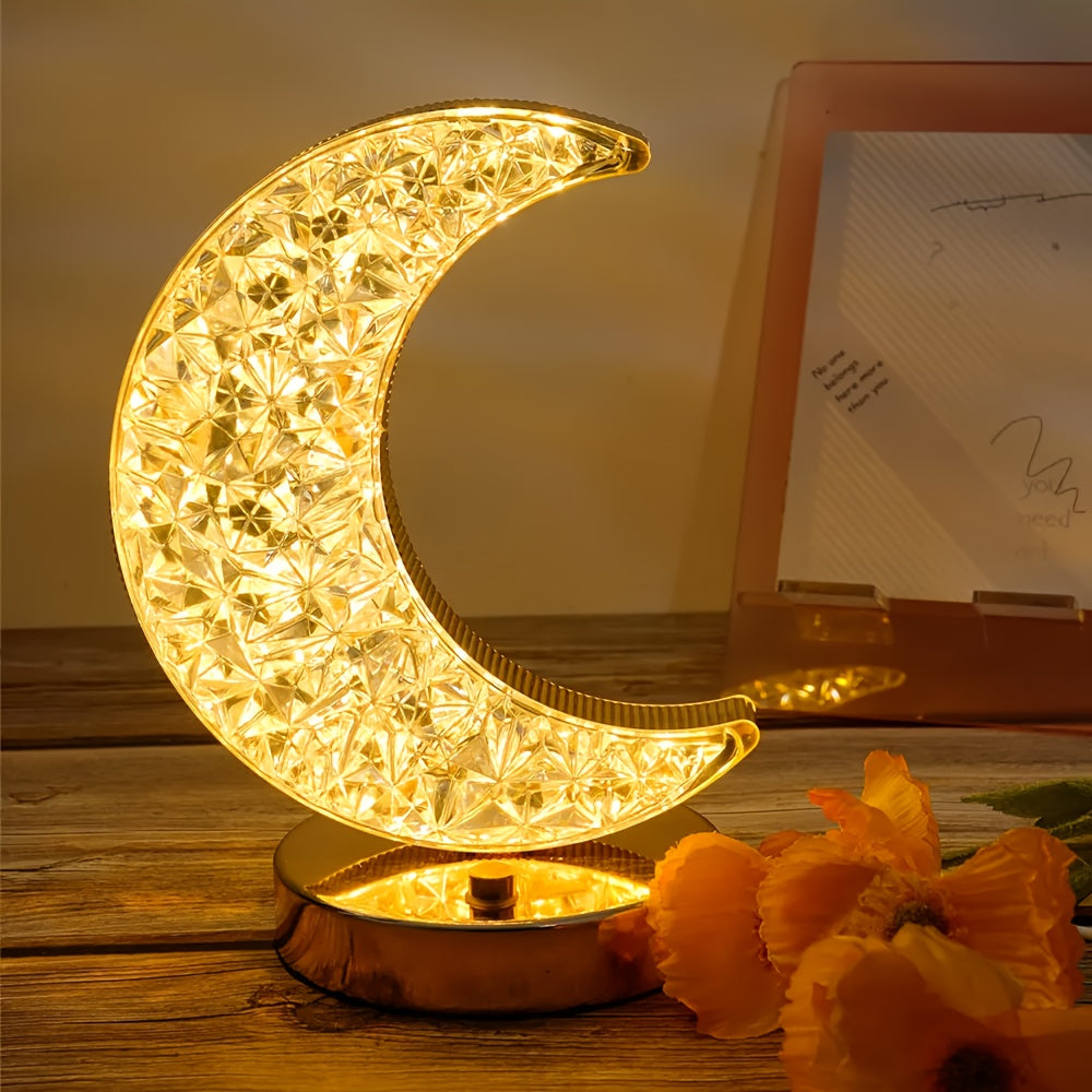 2pcs Elegant Crescent Moon Crystal Desk Lamps, 3-Color Touch Control, Rechargeable Battery - Modern Metal Nightstand Lighting with Sparkling Gemstone Accents, Desk Lamps for Home Office