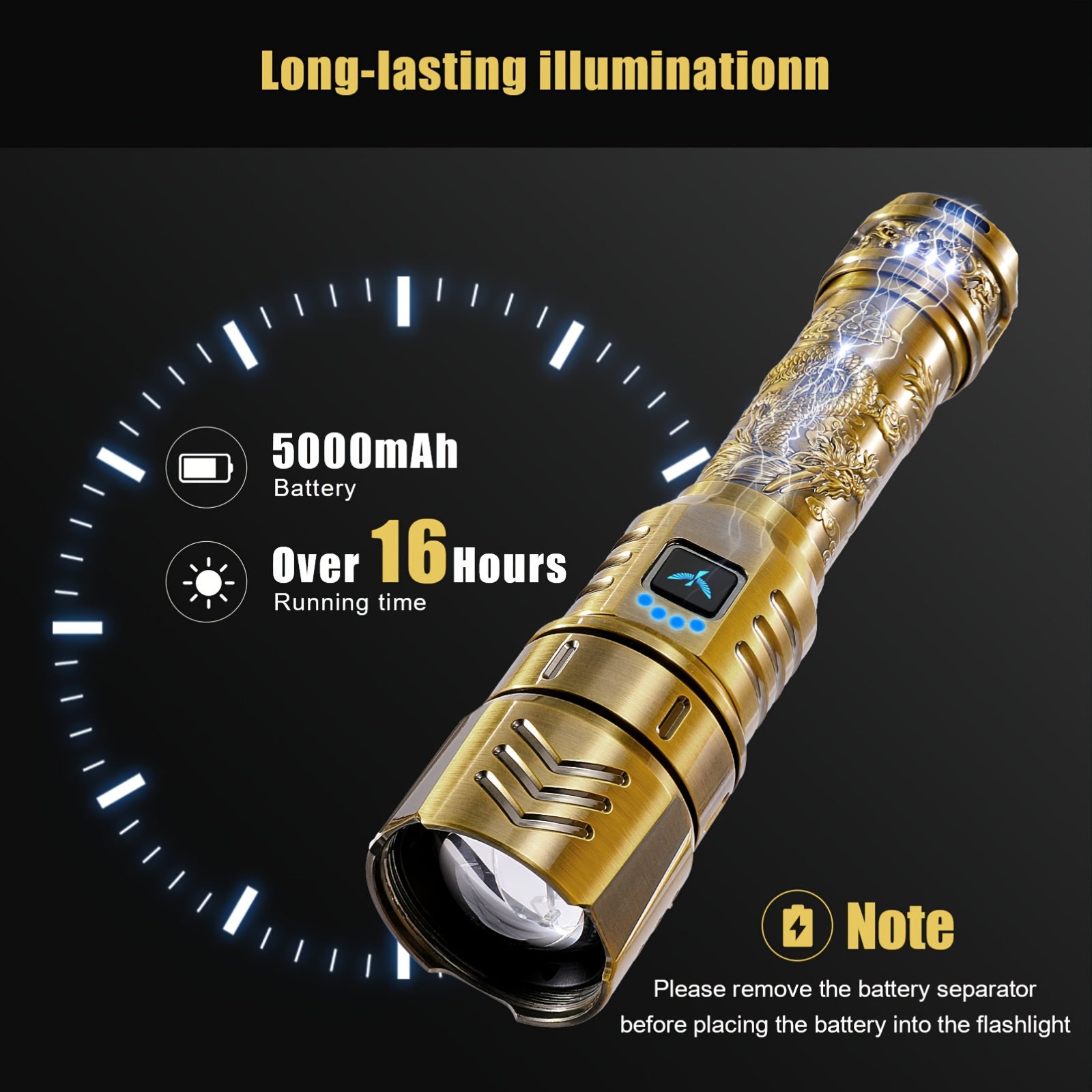 SKYFIRE LED High-brightness Golden Dragon Pattern Flashlight, 4000mAh Rechargeable Flashlight With Ignition Lens, Zoom Function, Four Modes, Suitable For Camping, Outdoor And Household Use