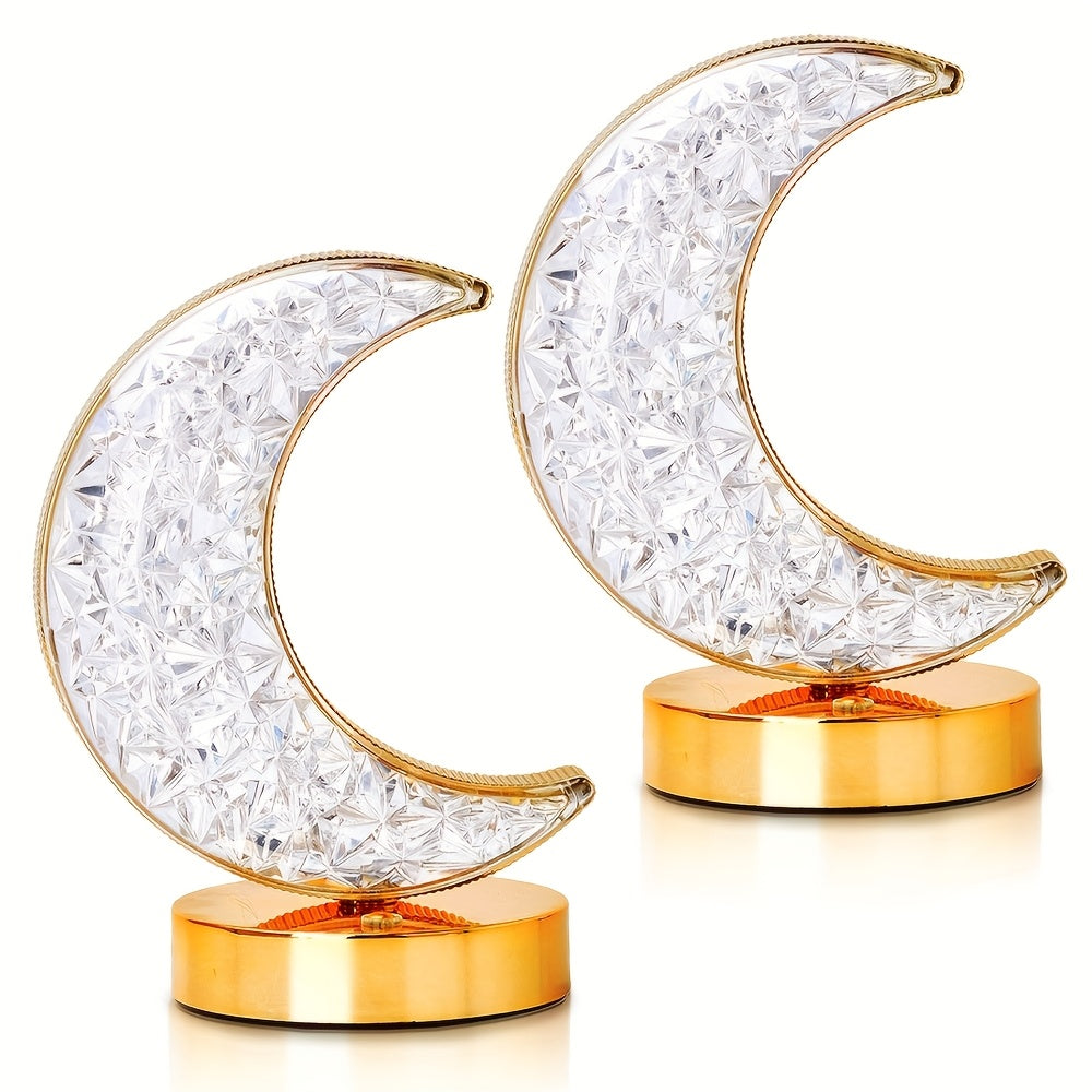 2pcs Elegant Crescent Moon Crystal Desk Lamps, 3-Color Touch Control, Rechargeable Battery - Modern Metal Nightstand Lighting with Sparkling Gemstone Accents, Desk Lamps for Home Office