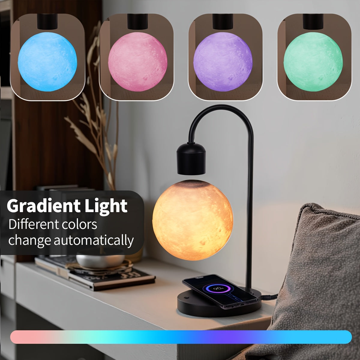 1pc Magnetic Floating Moon Lamp, Table Lamp, Desk Lamp, 15w Wireless Phone Charger, 3-color Adjustable, 3D Moon Light Touch Control, Floating, Atmosphere Night Light, Christmas, Holiday Or Birthday Gift