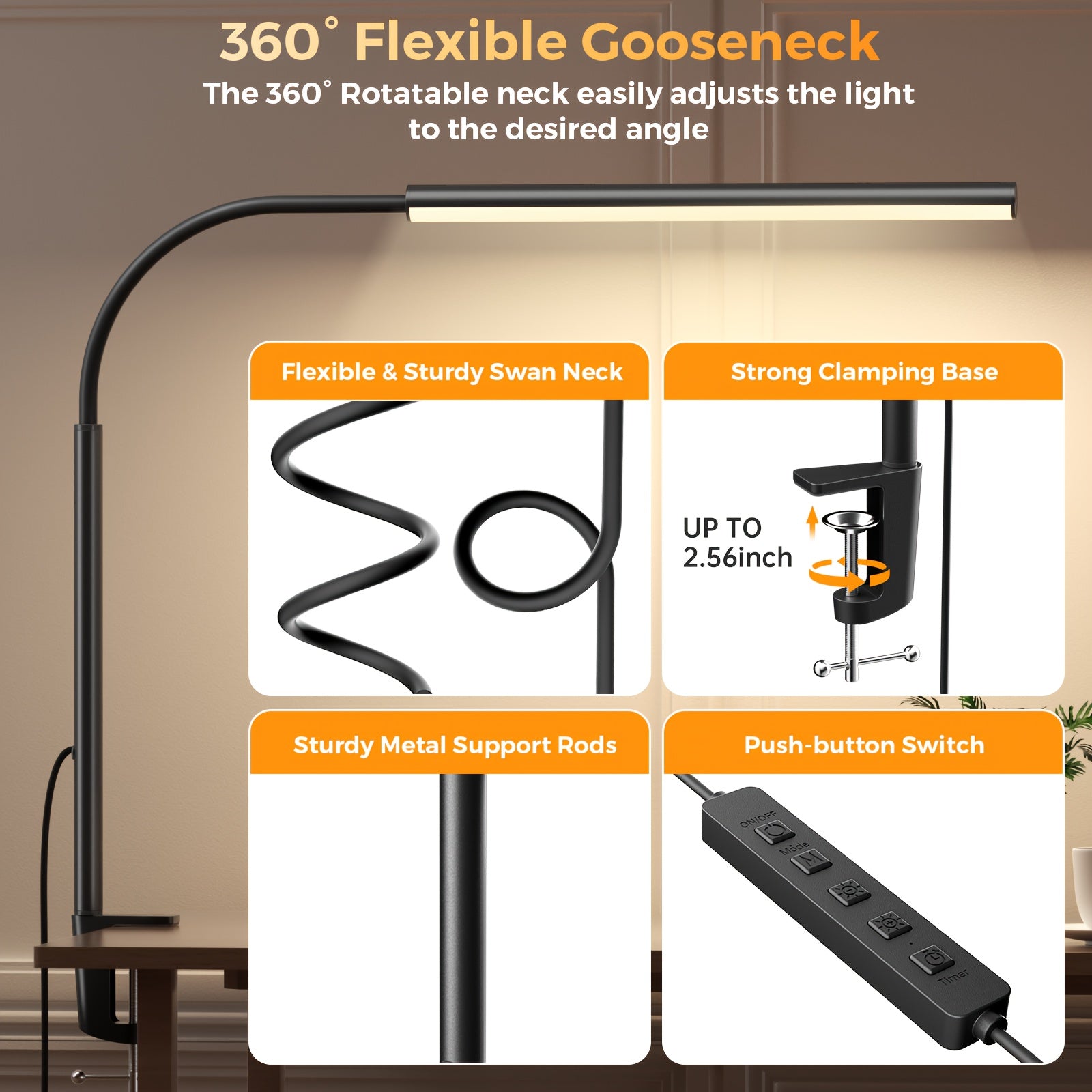 Professional LED Desk Lamp with Heavy Duty Clamp - 360° Adjustable Gooseneck, 5 Lighting Modes & 10 Brightness Levels, Eye Strain Relief for Home Office