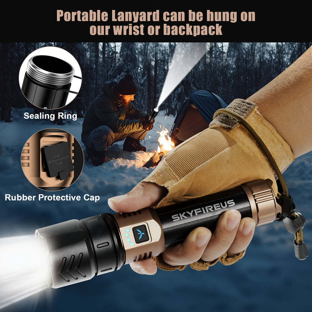 SKYFIRE LED Flashlight High Lumens, Super Bright Rechargeable Flashlight with Ignition Lens, Zoomable, Four Modes, Flash Light for Camping Essentials, Outdoor, Home