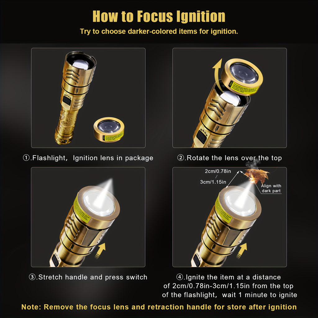 SKYFIRE LED High-brightness Golden Dragon Pattern Flashlight, 4000mAh Rechargeable Flashlight With Ignition Lens, Zoom Function, Four Modes, Suitable For Camping, Outdoor And Household Use