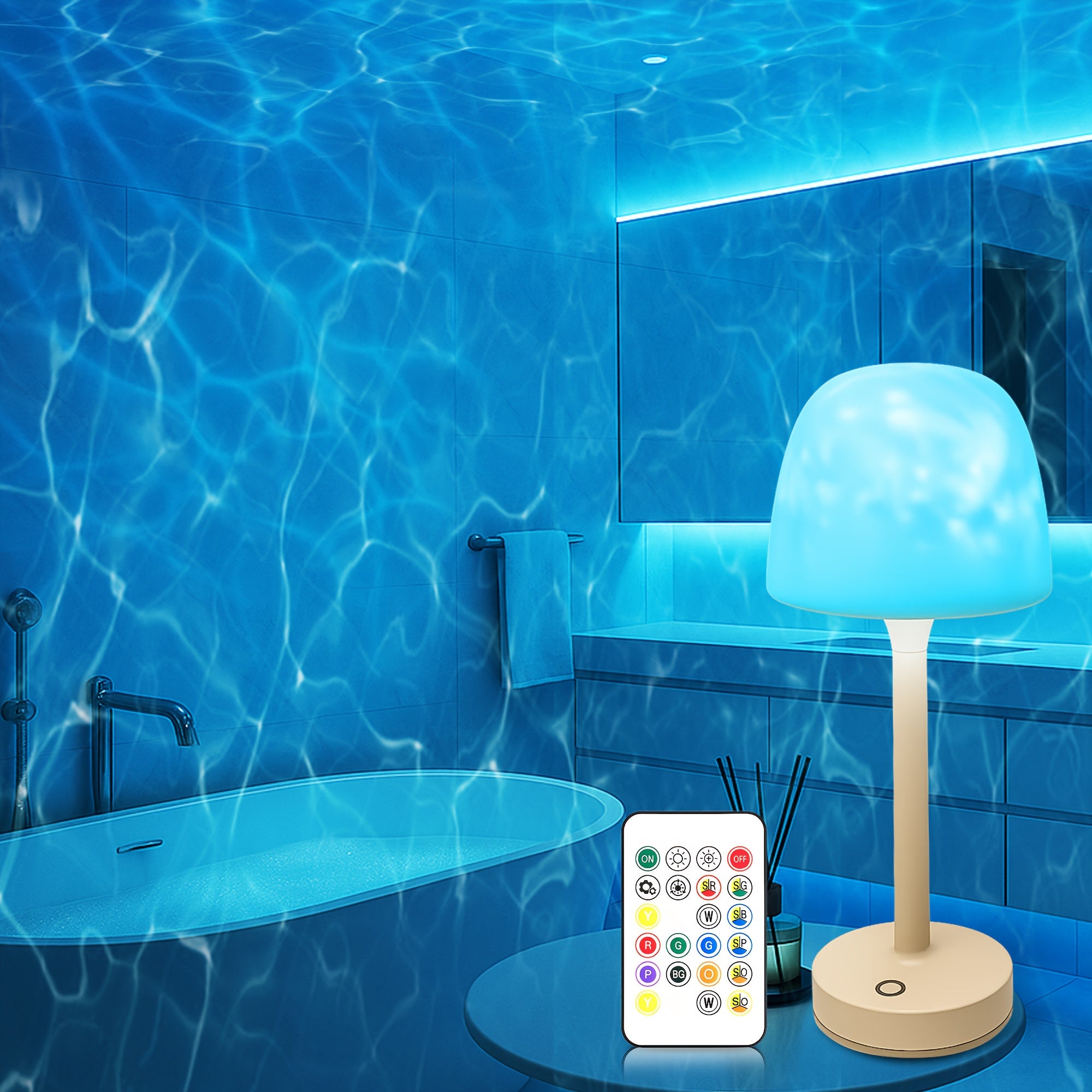 Rechargeable Cordless Shower Light with Remote - 16-Color Changing LED Projector Lamp, Ocean Wave & Water Ripple Light Suitable for Bathroom, Bedroom, Table Lamp with Infrared Remote