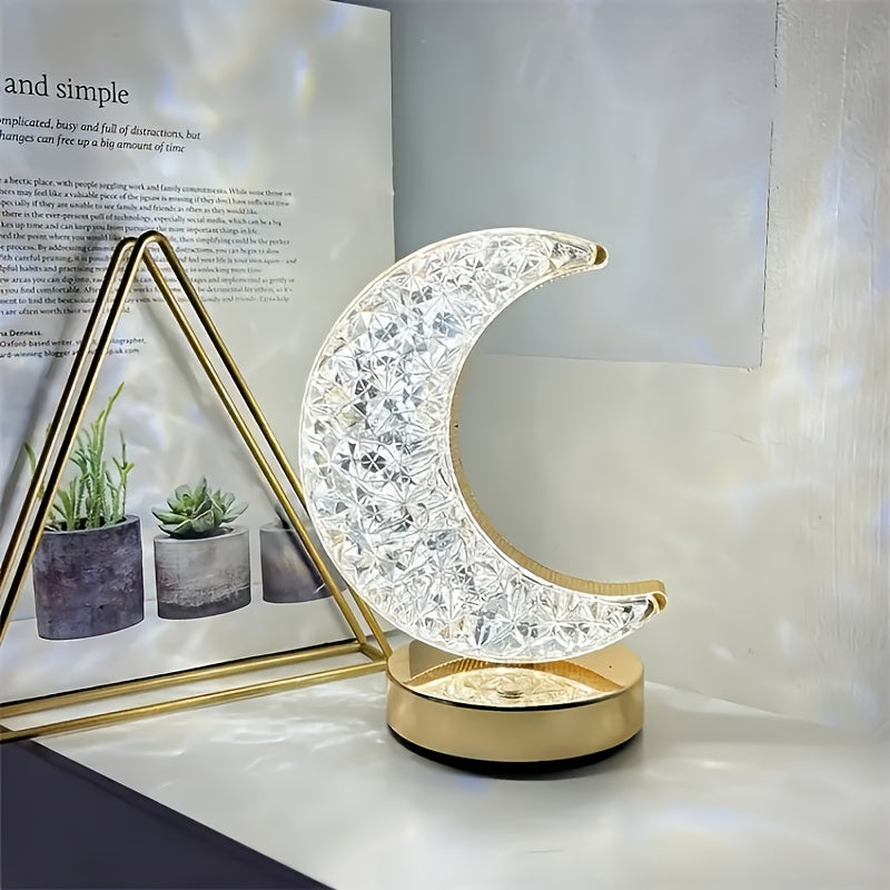 2pcs Elegant Crescent Moon Crystal Desk Lamps, 3-Color Touch Control, Rechargeable Battery - Modern Metal Nightstand Lighting with Sparkling Gemstone Accents, Desk Lamps for Home Office