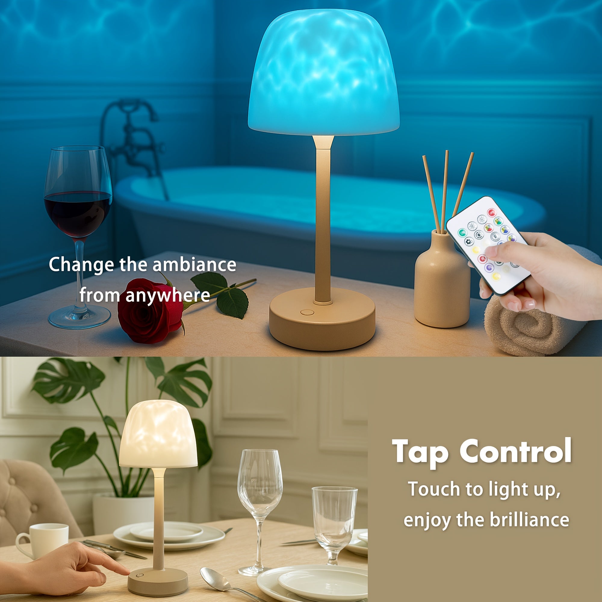 Rechargeable Cordless Shower Light with Remote - 16-Color Changing LED Projector Lamp, Ocean Wave & Water Ripple Light Suitable for Bathroom, Bedroom, Table Lamp with Infrared Remote