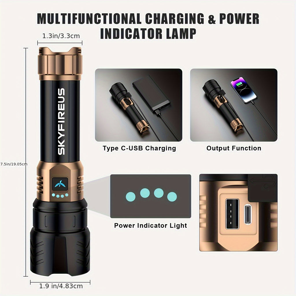 SKYFIRE LED Flashlight, High Lumen Super Bright Rechargeable, Adjustable Focus with Ignition Lens, Four Modes, Suitable for Camping Outdoor Farm Family Use