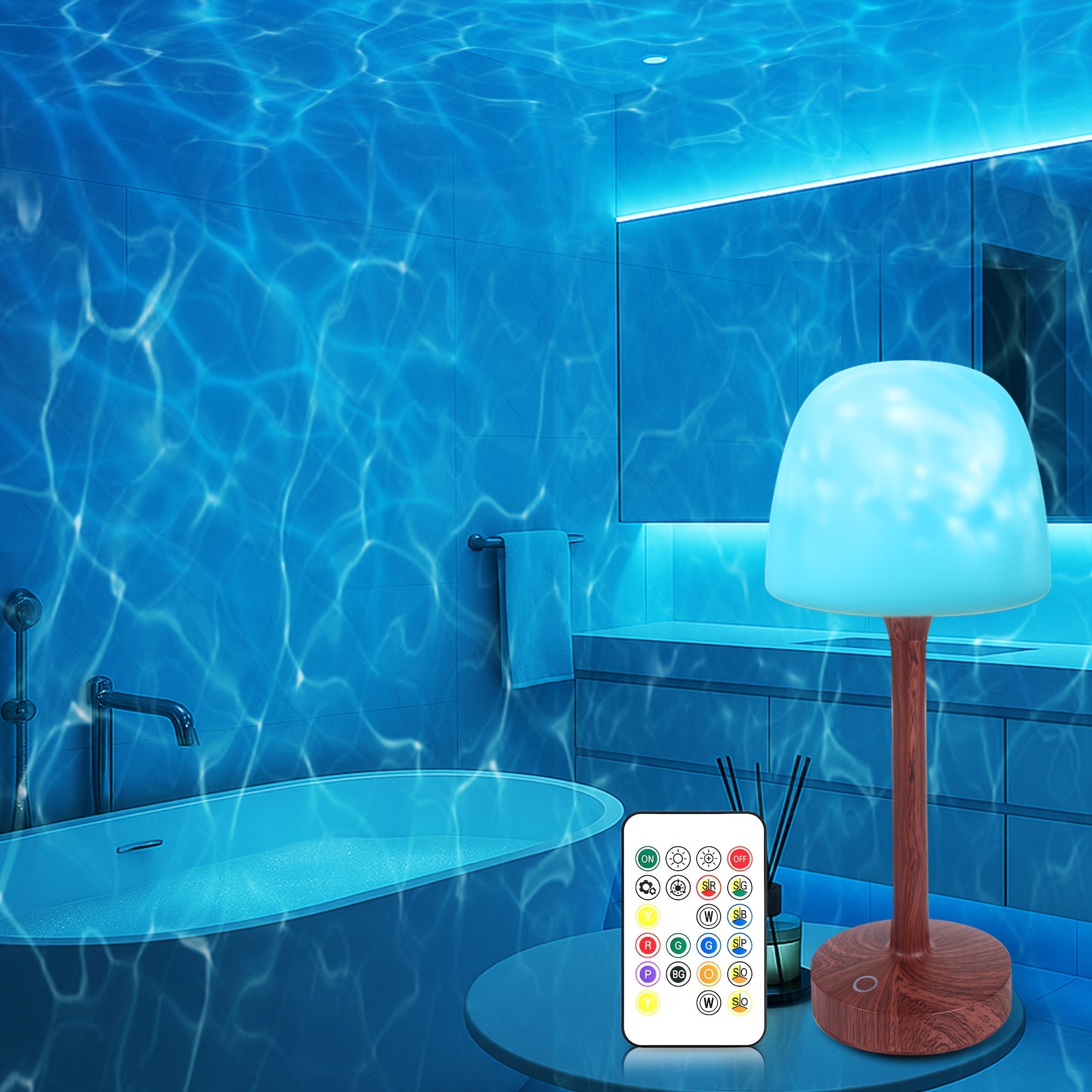 Rechargeable Cordless Shower Light with Remote - 16-Color Changing LED Projector Lamp, Ocean Wave & Water Ripple Light Suitable for Bathroom, Bedroom, Table Lamp with Infrared Remote