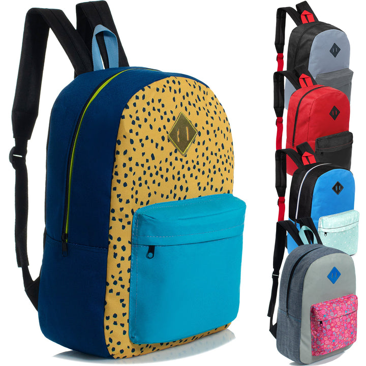 17" Kids Wholesale Backpacks in 5 Assorted Prints & Colors with a Padded Back - Bulk Case of 24 Bookbags