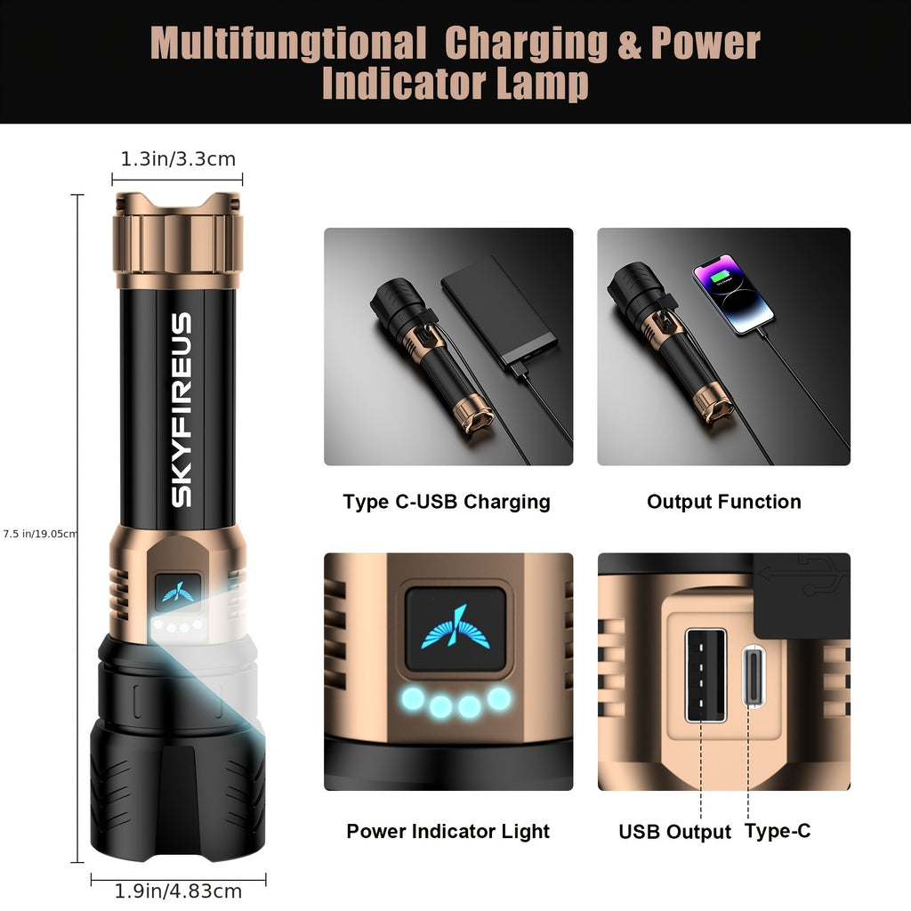 SKYFIRE LED Flashlight High Lumens, Super Bright Rechargeable Flashlight with Ignition Lens, Zoomable, Four Modes, Flash Light for Camping Essentials, Outdoor, Home