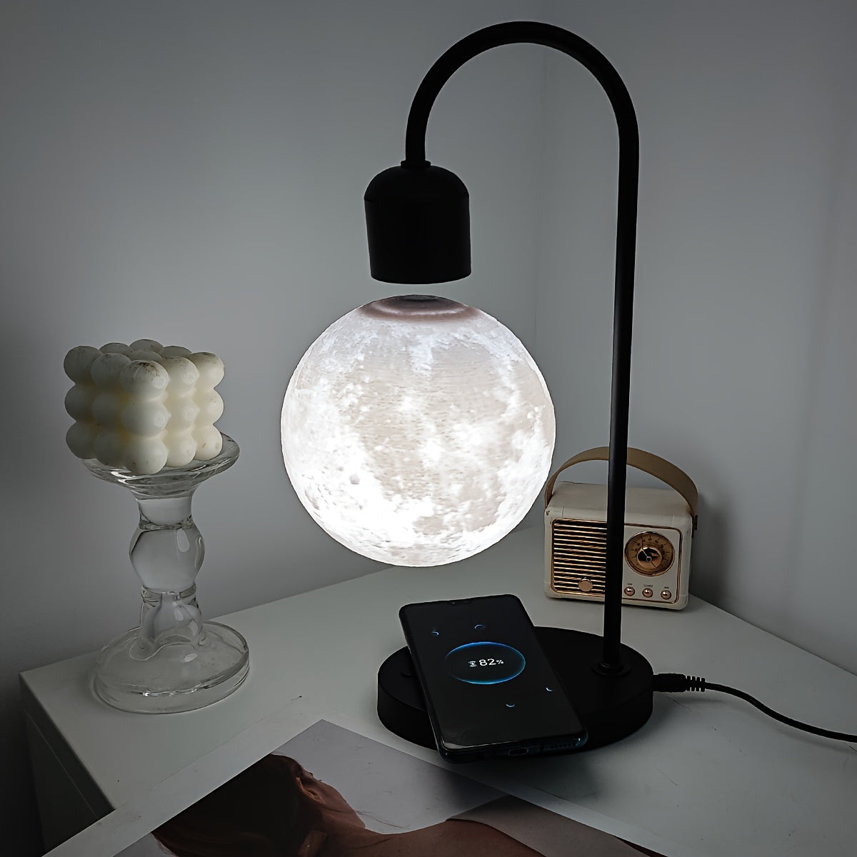 1pc Magnetic Floating Moon Lamp, Table Lamp, Desk Lamp, 15w Wireless Phone Charger, 3-color Adjustable, 3D Moon Light Touch Control, Floating, Atmosphere Night Light, Christmas, Holiday Or Birthday Gift