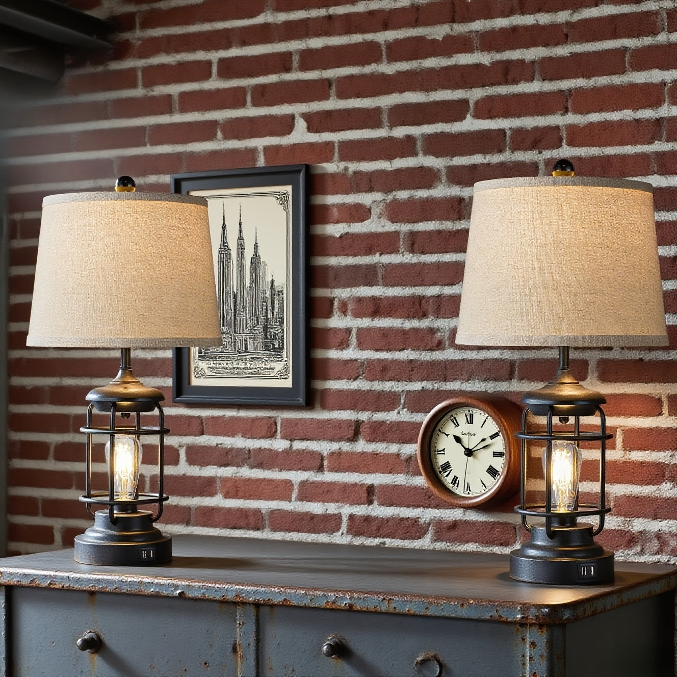 2 Set Farmhouse Table Lamps with 4 LED Bulbs, 9W Bright Rotary Switch Top Light + Touch Contorl 3 Way Dimmable Bird Cage Nightstand Light, Dual USB Ports, Natural Linen Shade, Metal, Black, 22 Inch