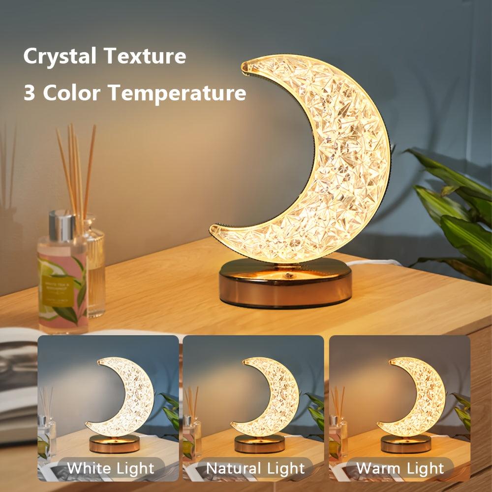 2pcs Elegant Crescent Moon Crystal Desk Lamps, 3-Color Touch Control, Rechargeable Battery - Modern Metal Nightstand Lighting with Sparkling Gemstone Accents, Desk Lamps for Home Office