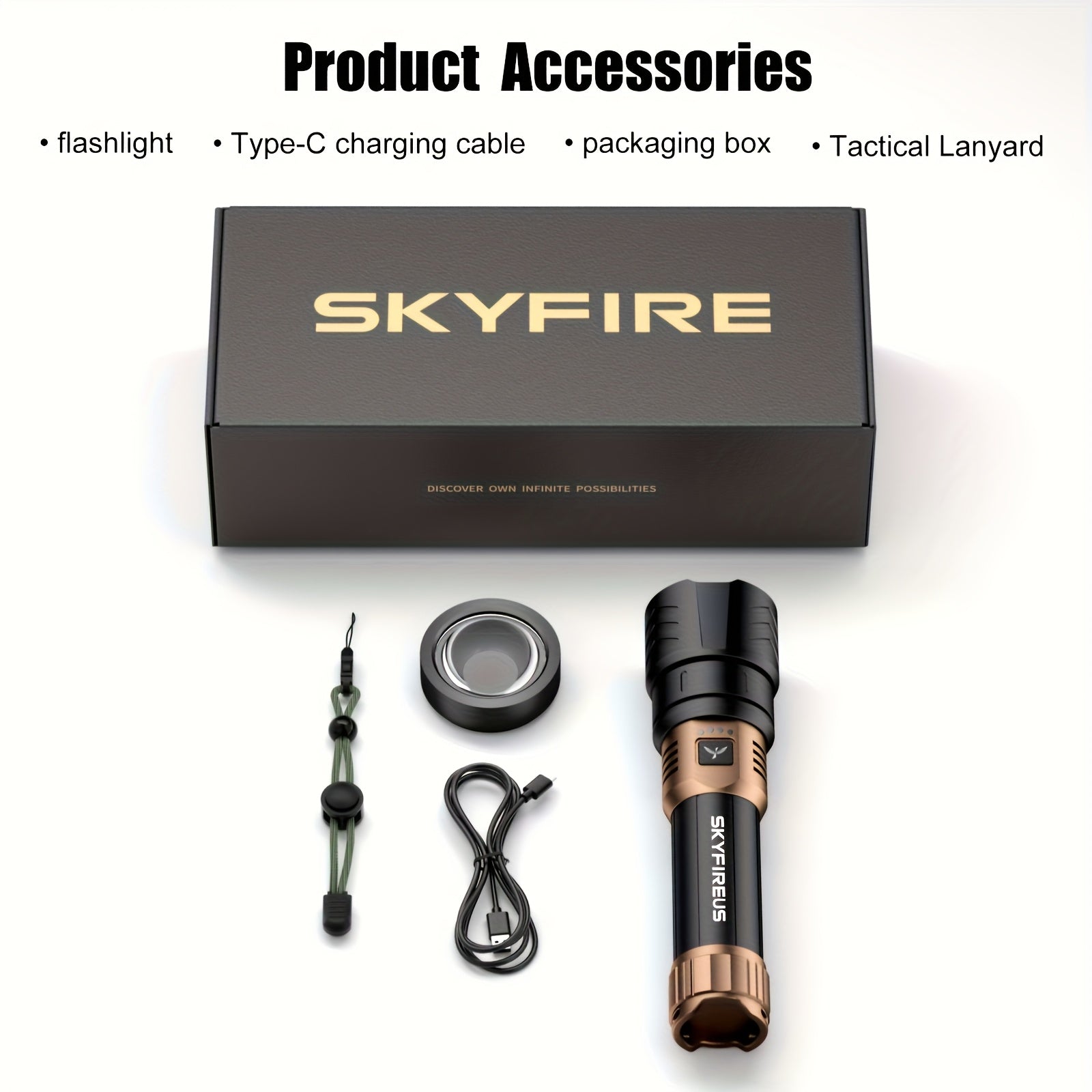 SKYFIRE LED Flashlight, High Lumen Super Bright Rechargeable, Adjustable Focus with Ignition Lens, Four Modes, Suitable for Camping Outdoor Farm Family Use