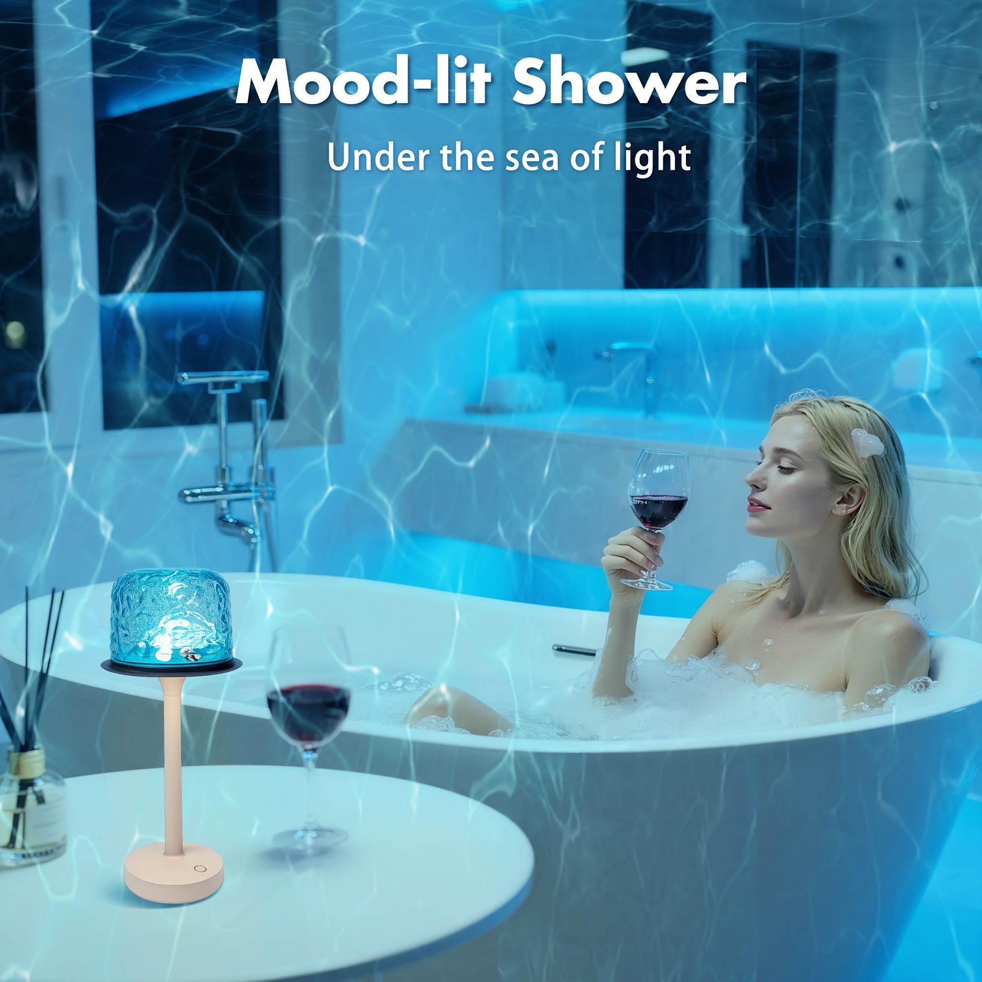 Rechargeable Cordless Shower Light with Remote - 16-Color Changing LED Projector Lamp, Ocean Wave & Water Ripple Light Suitable for Bathroom, Bedroom, Table Lamp with Infrared Remote