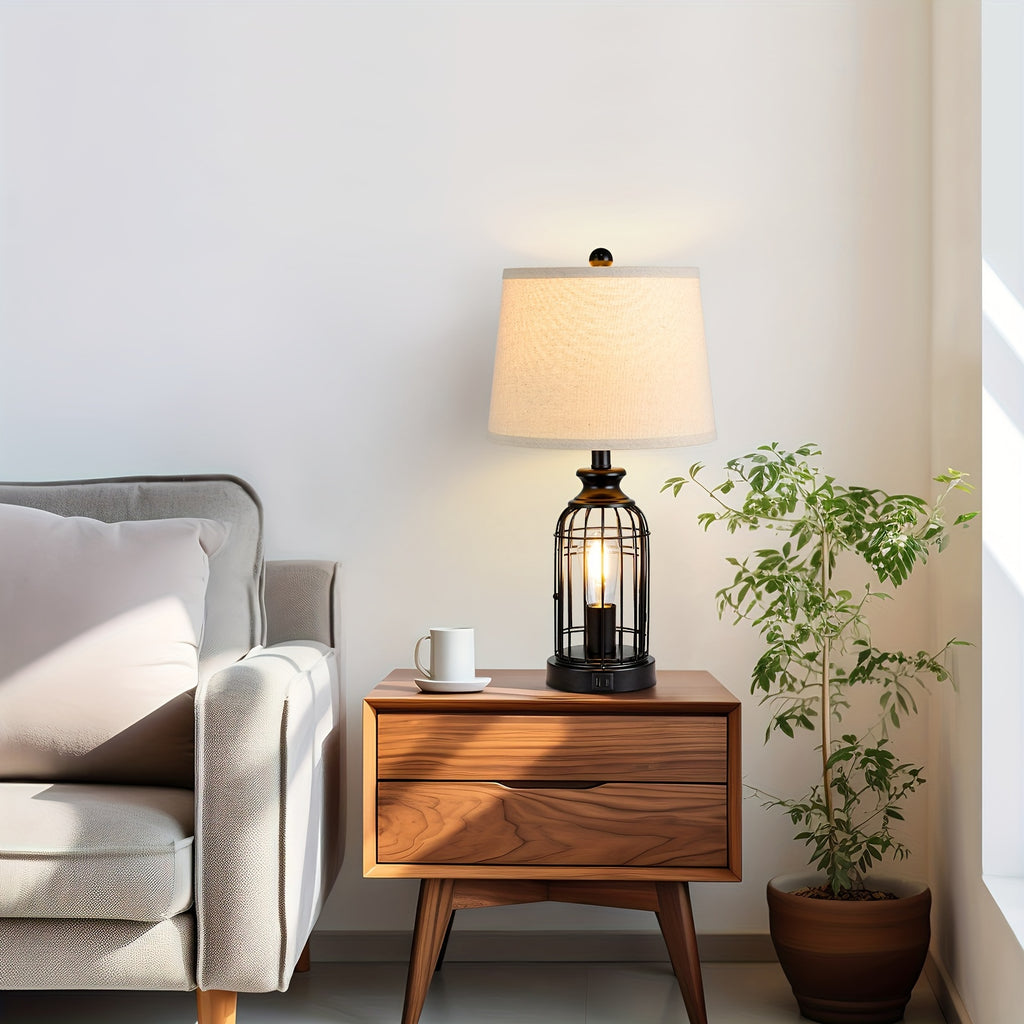 2 Set Farmhouse Table Lamps with 4 LED Bulbs, 9W Bright Rotary Switch Top Light + Touch Contorl 3 Way Dimmable Bird Cage Nightstand Light, Dual USB Ports, Natural Linen Shade, Metal, Black, 22 Inch