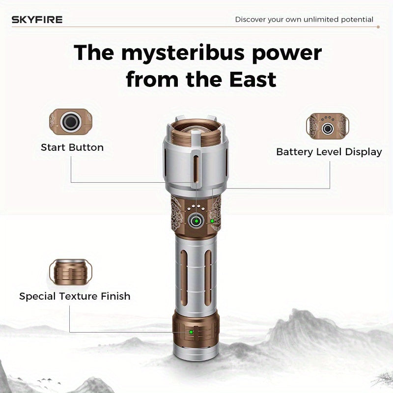 SKYFIRE New Model Flashlight - High Brightness - Rechargeable Type, Outdoor Flashlight - Extremely Bright, Comes In Five Modes, Includes Focusing Mirror And Various Gifts, Camping Light Design, Suitable for Camping, Outdoor Activities And Home Use.
