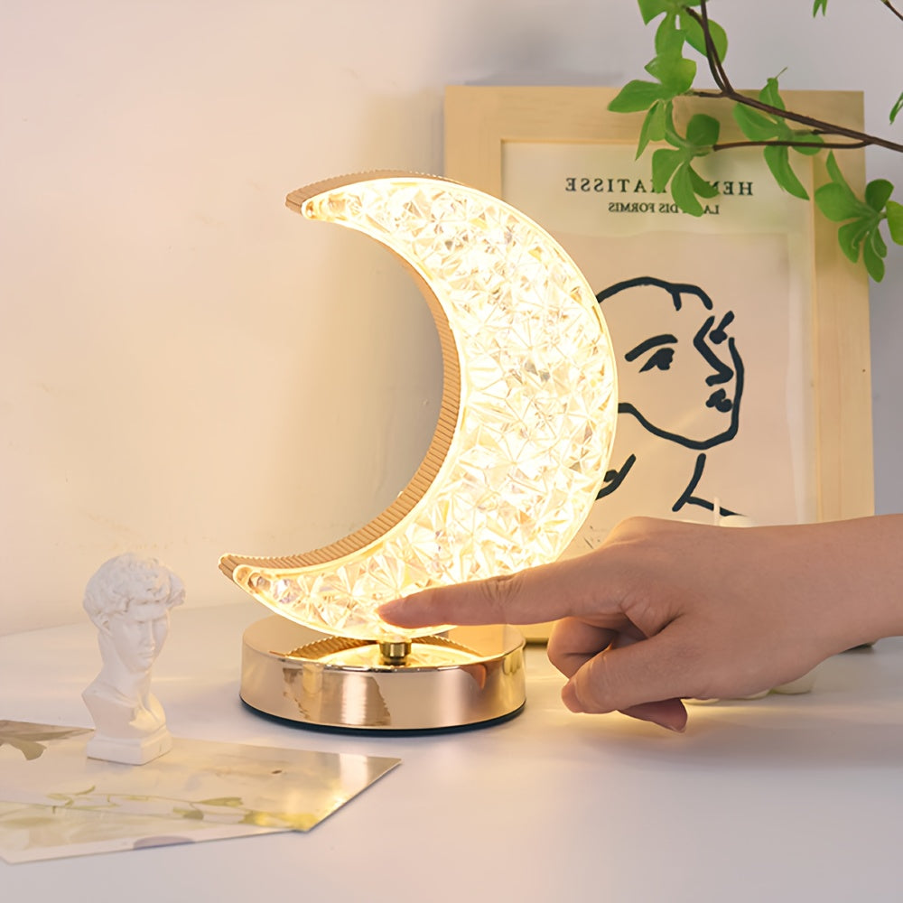 2pcs Elegant Crescent Moon Crystal Desk Lamps, 3-Color Touch Control, Rechargeable Battery - Modern Metal Nightstand Lighting with Sparkling Gemstone Accents, Desk Lamps for Home Office