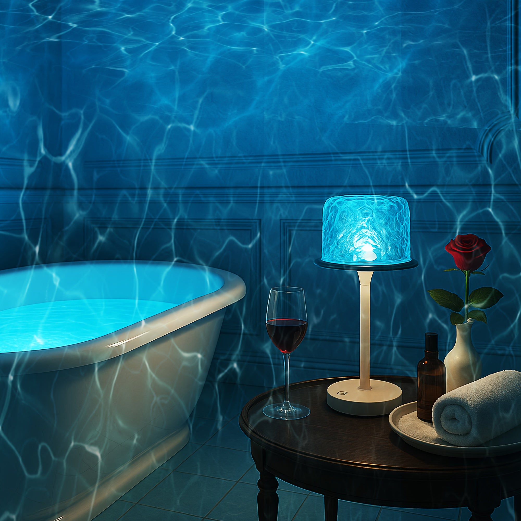 Rechargeable Cordless Shower Light with Remote - 16-Color Changing LED Projector Lamp, Ocean Wave & Water Ripple Light Suitable for Bathroom, Bedroom, Table Lamp with Infrared Remote