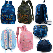 17" Wholesale Bungee Backpacks in 12 Assorted Colors & Prints - Bulk Case of 24 Bookbags