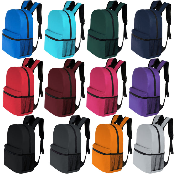 16" Kids Basic Wholesale Backpack in 12 Colors With Side Pocket - Bulk Case of 24 Backpacks