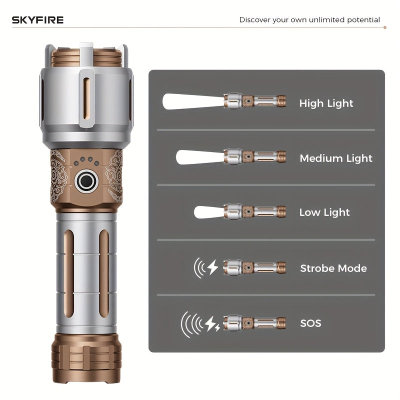 SKYFIRE New Model Flashlight - High Brightness - Rechargeable Type, Outdoor Flashlight - Extremely Bright, Comes In Five Modes, Includes Focusing Mirror And Various Gifts, Camping Light Design, Suitable for Camping, Outdoor Activities And Home Use.