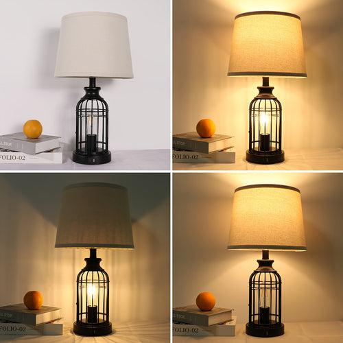 2 Set Farmhouse Table Lamps with 4 LED Bulbs, 9W Bright Rotary Switch Top Light + Touch Contorl 3 Way Dimmable Bird Cage Nightstand Light, Dual USB Ports, Natural Linen Shade, Metal, Black, 22 Inch