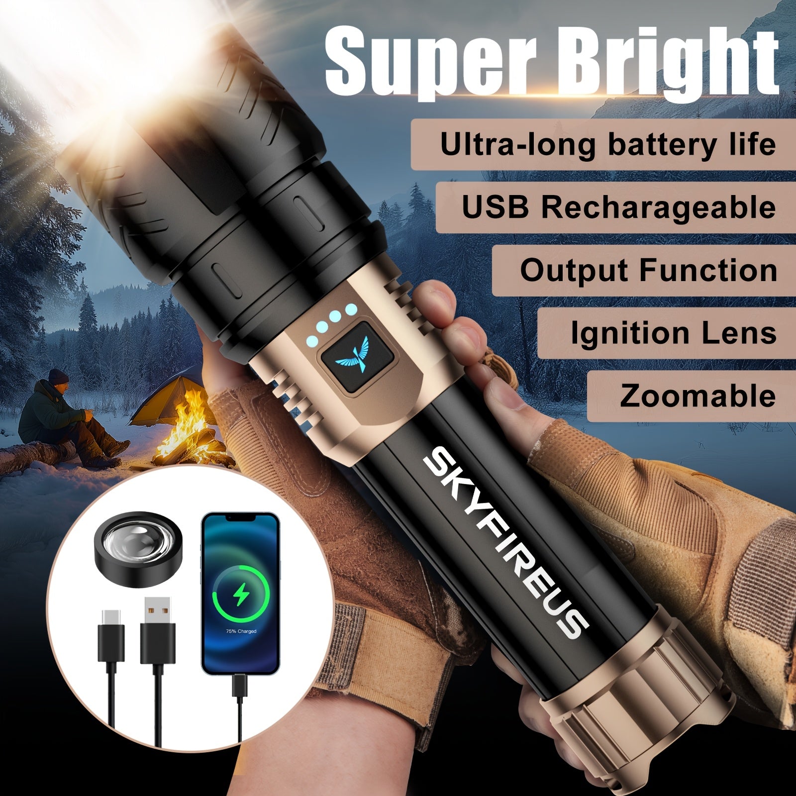 SKYFIRE LED Flashlight, High Lumen Super Bright Rechargeable, Adjustable Focus with Ignition Lens, Four Modes, Suitable for Camping Outdoor Farm Family Use