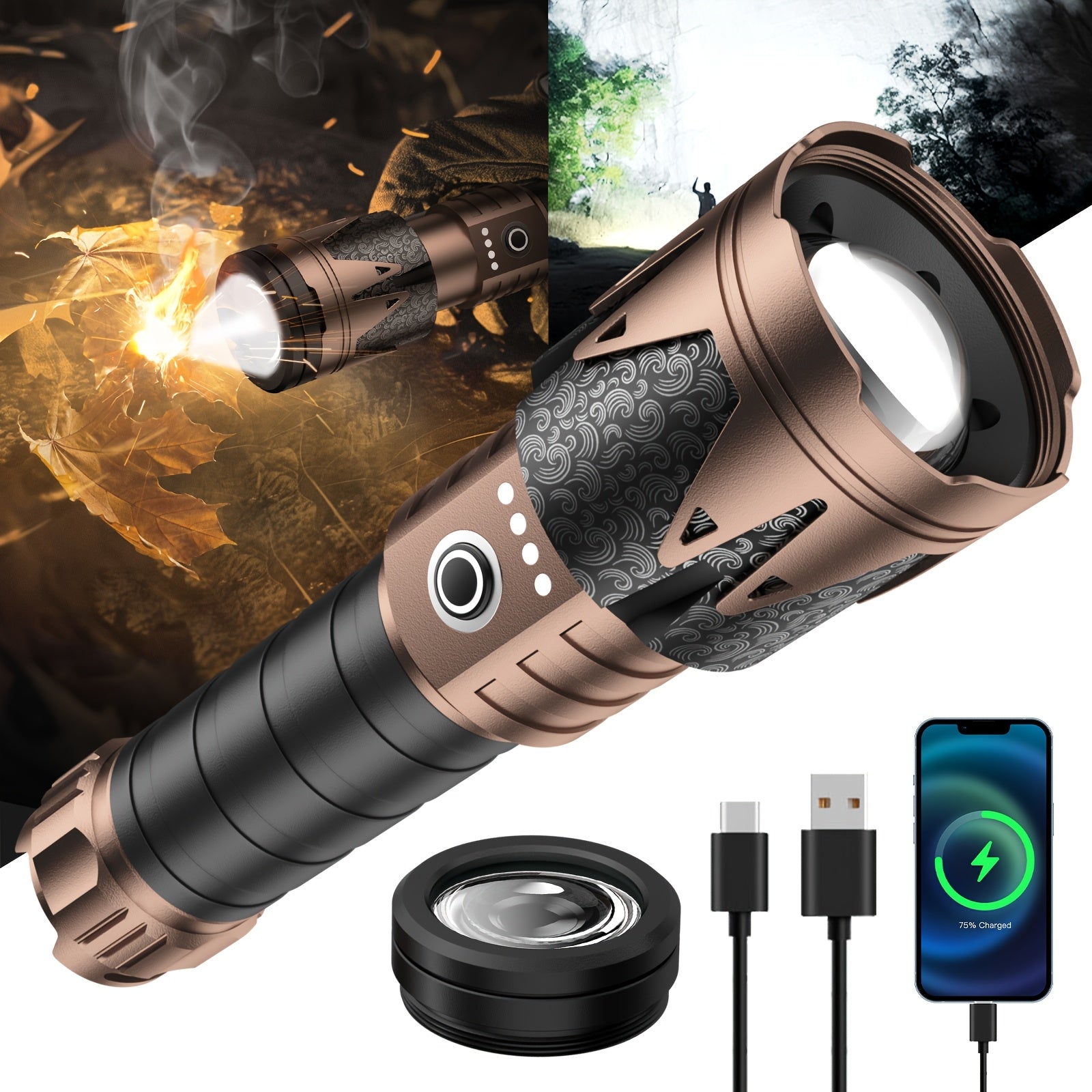SKYFIRE High-Lumen LED Flashlight with Ignition Lens, Super Bright Tactical Flashlight, Zoom, Five Modes, Essential for Long-Life Camping, Outdoor, Farm Patrol And Emergency Situations