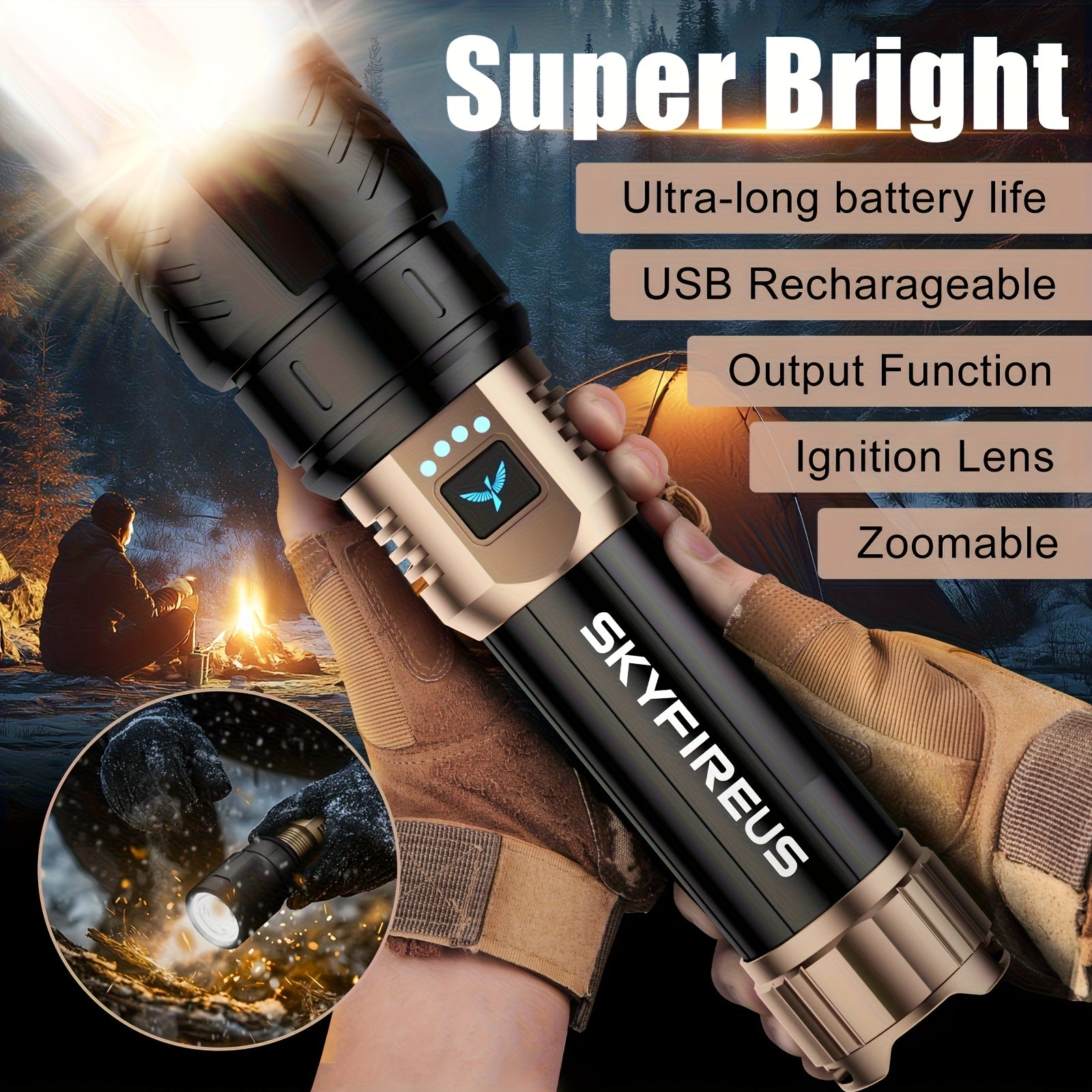 SKYFIRE LED Flashlight, High Lumen Super Bright Rechargeable, Adjustable Focus with Ignition Lens, Four Modes, Suitable for Camping Outdoor Farm Family Use