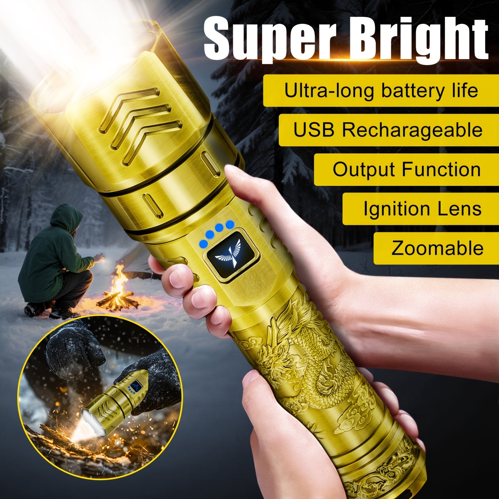 SKYFIRE LED High-brightness Golden Dragon Pattern Flashlight, 4000mAh Rechargeable Flashlight With Ignition Lens, Zoom Function, Four Modes, Suitable For Camping, Outdoor And Household Use