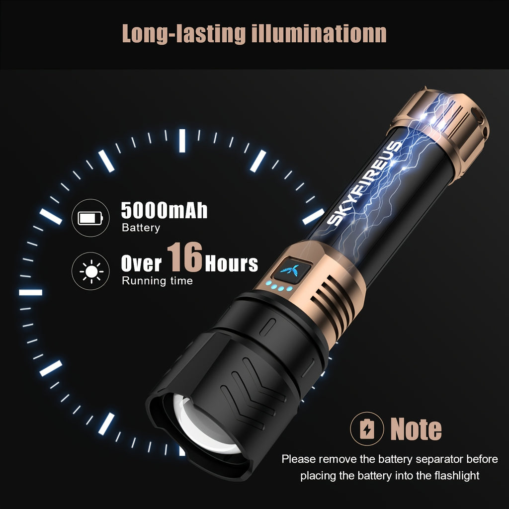 SKYFIRE LED Flashlight, High Lumen Super Bright Rechargeable, Adjustable Focus with Ignition Lens, Four Modes, Suitable for Camping Outdoor Farm Family Use