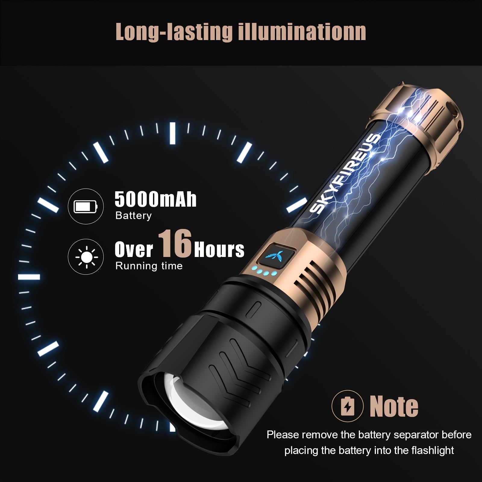 SKYFIRE LED Flashlight, High Lumen Super Bright Rechargeable, Adjustable Focus with Ignition Lens, Four Modes, Suitable for Camping Outdoor Farm Family Use