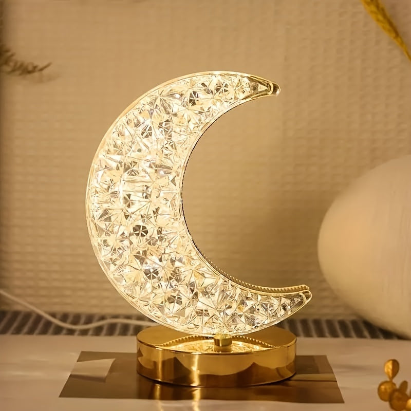 2pcs Elegant Crescent Moon Crystal Desk Lamps, 3-Color Touch Control, Rechargeable Battery - Modern Metal Nightstand Lighting with Sparkling Gemstone Accents, Desk Lamps for Home Office