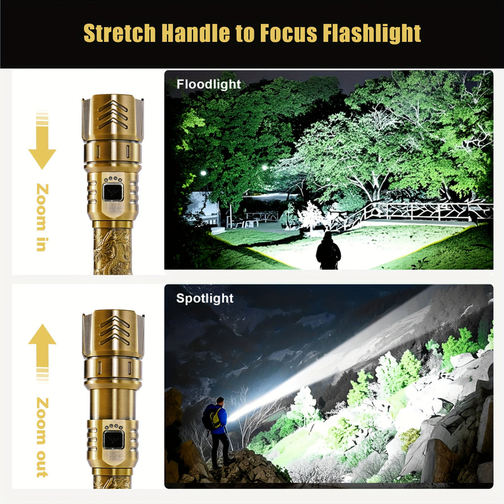 SKYFIRE LED High-brightness Golden Dragon Pattern Flashlight, 4000mAh Rechargeable Flashlight With Ignition Lens, Zoom Function, Four Modes, Suitable For Camping, Outdoor And Household Use
