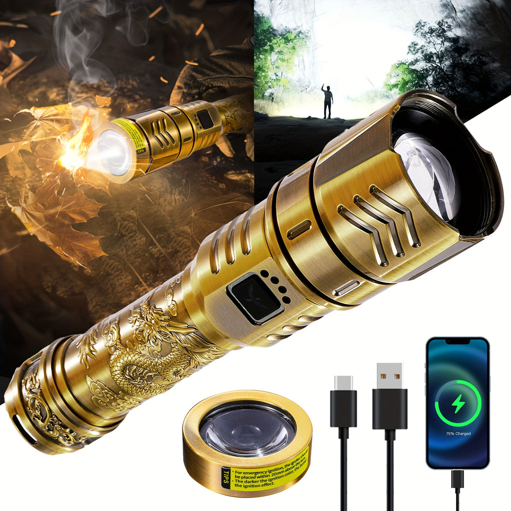SKYFIRE LED High-brightness Golden Dragon Pattern Flashlight, 5000mAh Rechargeable Flashlight with Ignition Lens, Zoom Function, Four Modes, Suitable for Camping, Outdoor And Household Use
