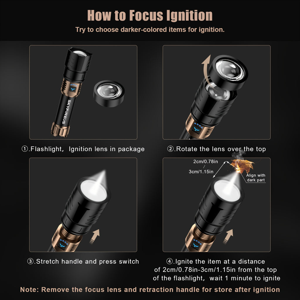 SKYFIRE LED Flashlight High Lumens, Super Bright Rechargeable Flashlight with Ignition Lens, Zoomable, Four Modes, Flash Light for Camping Essentials, Outdoor, Home