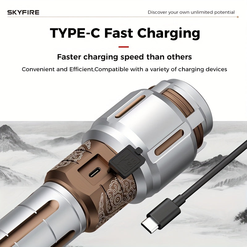 SKYFIRE New Model Flashlight - High Brightness - Rechargeable Type, Outdoor Flashlight - Extremely Bright, Comes In Five Modes, Includes Focusing Mirror And Various Gifts, Camping Light Design, Suitable for Camping, Outdoor Activities And Home Use.