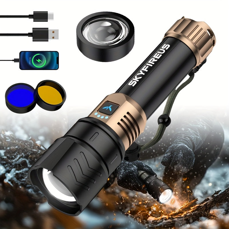 SKYFIRE LED Flashlight High Lumens, Super Bright Rechargeable Flashlight with Ignition Lens, Zoomable, Four Modes, Flash Light for Camping Essentials, Outdoor, Home