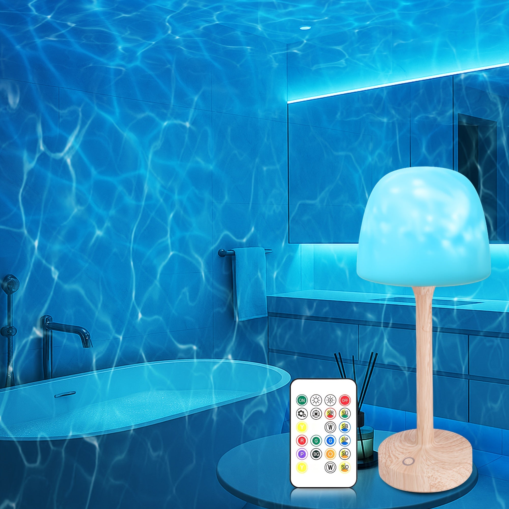 Rechargeable Cordless Shower Light with Remote - 16-Color Changing LED Projector Lamp, Ocean Wave & Water Ripple Light Suitable for Bathroom, Bedroom, Table Lamp with Infrared Remote