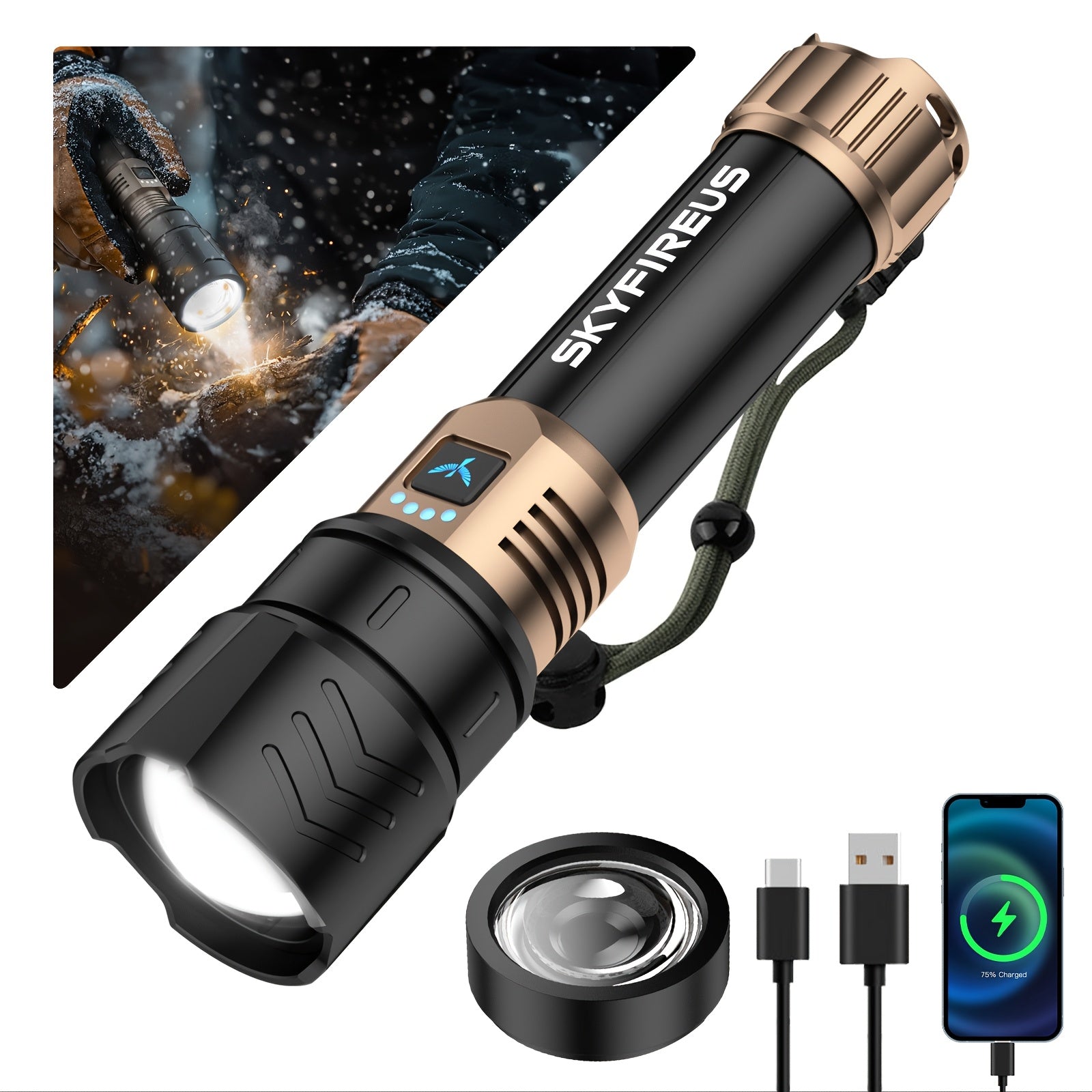 SKYFIRE LED Flashlight High Lumens, Super Bright Rechargeable Flashlight with Ignition Lens, Zoomable, Four Modes, Flash Light for Camping Essentials, Outdoor, Home