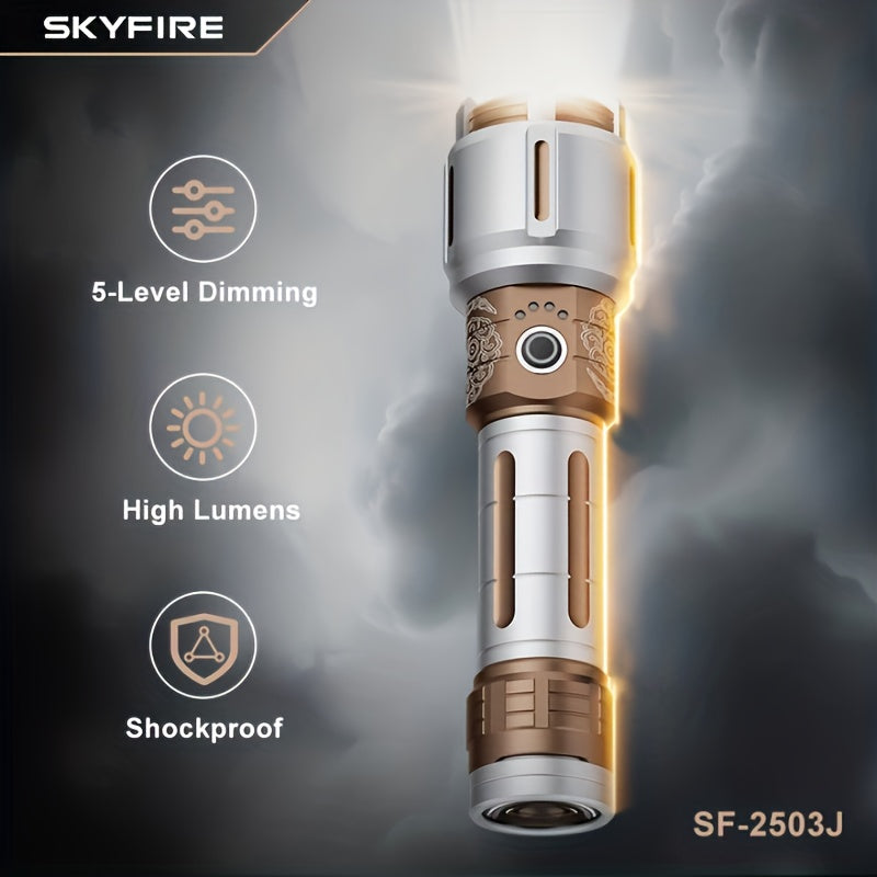 SKYFIRE New Model Flashlight - High Brightness - Rechargeable Type, Outdoor Flashlight - Extremely Bright, Comes In Five Modes, Includes Focusing Mirror And Various Gifts, Camping Light Design, Suitable for Camping, Outdoor Activities And Home Use.