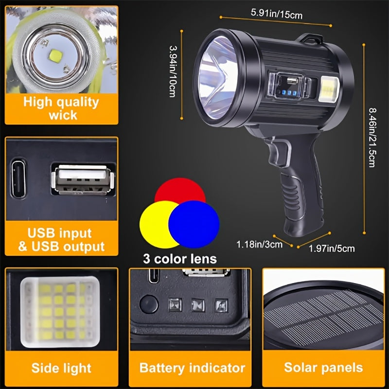 LED Rechargeable Flashlight, 6 Modes, 3 Color Filters, USB And Solar Power Supply, IPX4 Waterproof, Suitable for Hunting, Camping, Boating, Hiking, Etc, Best for Christmas, Perfect for Thanksgiving