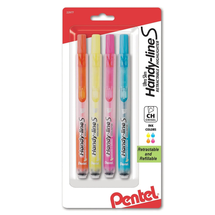 Pentel Handy-Line S Retractable Highlighters, Chisel Tip, 4-Pk