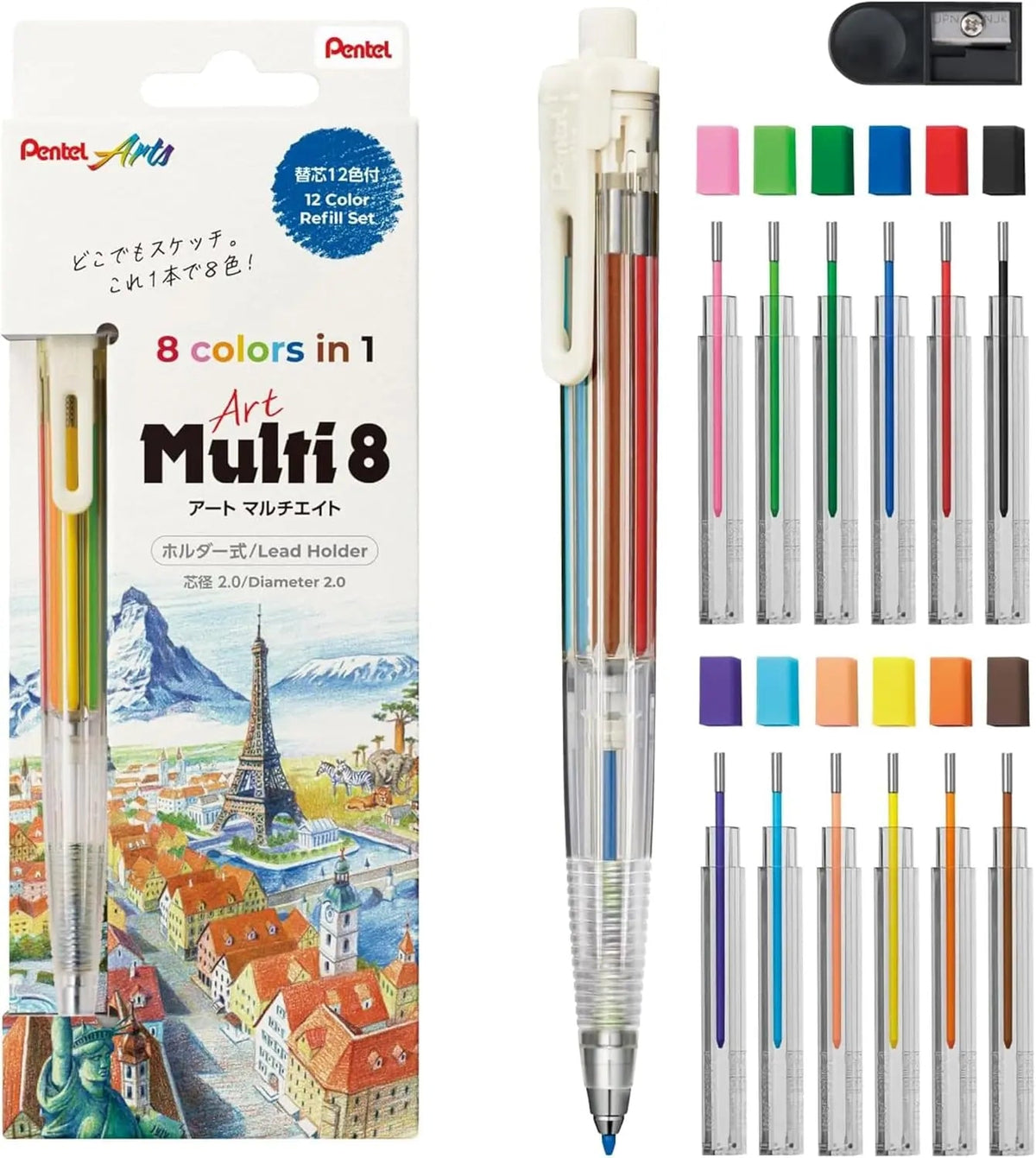 Pentel Art Multi 8 Mechanical Colored Pencil with 12 Color Lead Refills