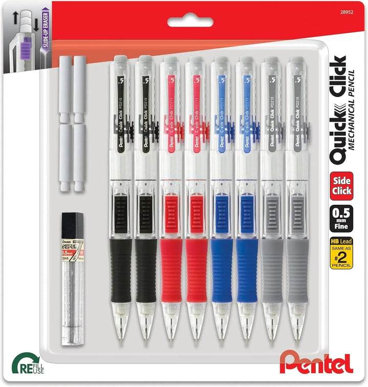 Pentel Quick Click Mechanical Pencil, 0.5mm, Plus Lead and Eraser, 8-pk